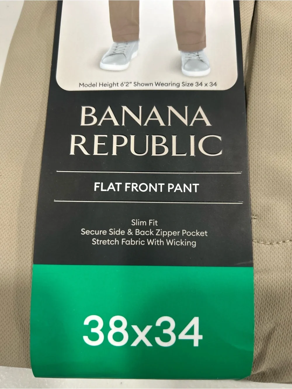 Banana Republic Mens Slim Fit Flat Front Pants Khaki Tan 38x34 Stretch Wicking
